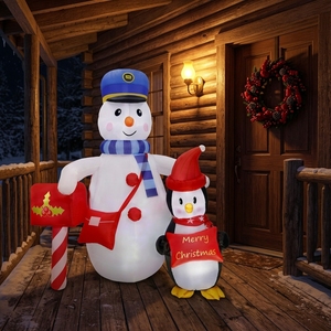 Muñeco de Nieve Inflable con Gorro Azul y Pingüino con Letrero en Gorro Rojo para Decoración Navideña Interactiva - Product Image 2