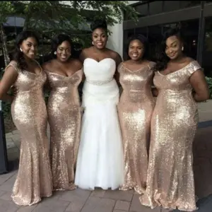 Goud Pailletten Bruidsmeisje Jurken Mermaid Afrikaanse Bruidsmeisje Trouwjurken Voor Bruidsmeisje