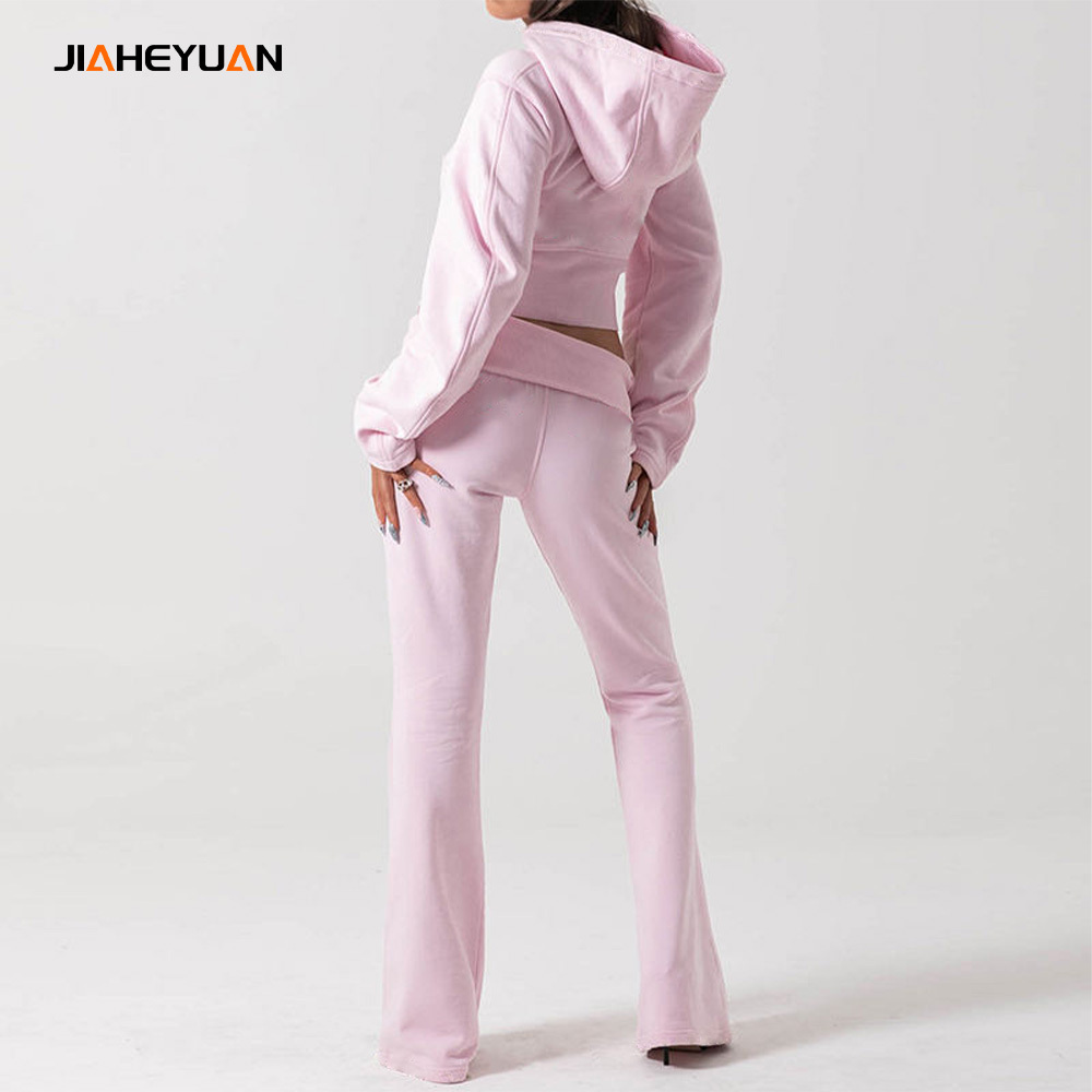 High Quality 300Grams Zip Up Crop Top Hoodies And Sweatpants Set Women Custom Sportswear 2 Piece Tracksuits Set Women Streetwear