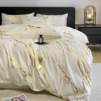 Parure de lit de luxe ultra douce effet soie, broderie lavée à l'eau, 4 pièces, housse de couette et drap plat pour mariage, hôtel, toutes saisons
