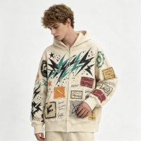 Hoodie Zip Up Heavyweight Vintage Wash Graffiti Lightning Bolt Streetwear Distressed untuk Pria, Outerwear Musim Gugur Musim Dingin, Fashion Brand