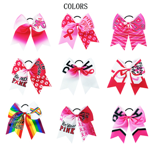 8 pouces <span class=keywords><strong>pas</strong></span> <span class=keywords><strong>cher</strong></span> ruban rose Cheerleading arcs bandeau pour les filles et les femmes SIDA jour sensibilisation cheveux cravate Cheer Bows - Product Image 1
