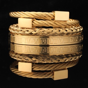 2026 Hot-Selling Stainless Steel Punk Style <strong>Bracelet</strong> Set-Roman Numeral Bangle &amp; Titanium Steel Cross Chain <strong>Combo</strong> for Men Party - Product Image 2