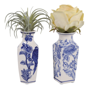 Vaso in ceramica Chinoiserie blu e bianco con disegno floreale e uccelli per decorare la casa, soggiorno e camera da letto - Product Image 2