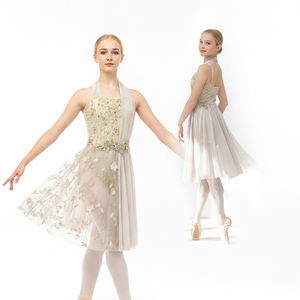 Vestido de Ballet Lírico con Cuello Halter, Encaje y Pedrería Dorada, Falda Midi de Tul Floral, Disfraz de Danza Contemporánea para Niñas - Product Image 1