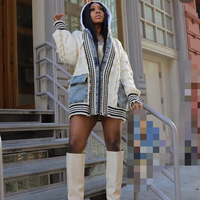 Nouveau pull cardigan en tricot chaud et décontracté pour l'automne et l'hiver, avec blocs de couleur, patchwork en denim, fermeture éclair et capuche pour femme