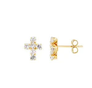 Factory Wholesale White Cubic Zirconia Cross Button Stud Earrings 14K Gold Platedで925 Over Sterling Silver JewelryためWomen