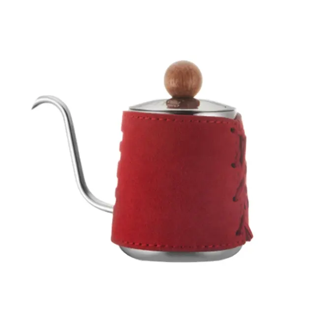 Sıcak satış 350ml 12Oz paslanmaz çelik kırmızı deri sarılmış kaz boynu su ısıtıcısı üzerine dökün kahve çay için