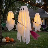 Décorations d'Halloween : Lot de 3 Fantômes en Plastique avec Lumières Chaudes Intégrées, Gaze Flottante à Suspendre pour Utilisation Intérieure/Extérieure