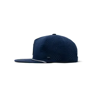 Summer Laser Perforated Cut Holes Flat Brim 5 Panel Polyester Custom Logo Waterproof Hip Hop Snapback Hat With Rope