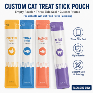 Individuell Bedruckte Katzen-Leckerli-Beutel Dreiseitig Versiegelte Lange Sachets-Verpackung für Leckbare Katzenpüree Nassfutter - Product Image 1