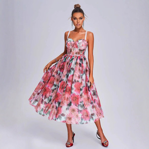 Vestido de Noche de Organza con Estampado Floral y Hombros Descubiertos, Cintura Imperio, Cierre Frontal, Translúcido, Largo, Vestido de Moda para Mujer - Product Image 1