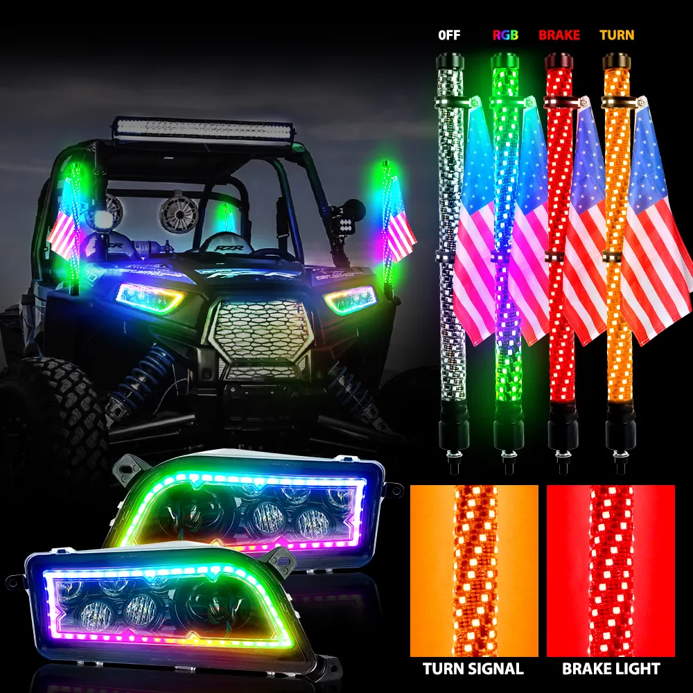 RF Télécommande Blue-tooths Control RGB Led Spiral Whip Light UTV ATV Whip Antenne Drapeau Pole Light Fat Led Whip Light Avec Clignotant