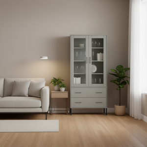 Gray <b>Solid</b> Pine <b>Wood</b> Glass <b>Bookcase</b> With Metal Frame Modern Living Room Furniture Etagere Shelf 4 Shelves Freestanding - Product Image 2