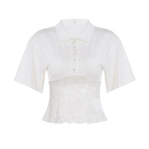 Elegante Camiseta de Punto Transpirable con Cuello en V y Encaje para Verano y Blusa Chic de Manga Corta para Mujer - Product Image 6