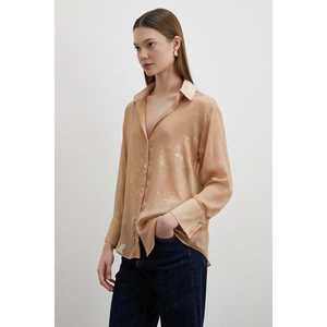 Camisa de Gasa con Estampado de Brillo Dorado y Botones para Mujer, Estilo Casual Diario, Blusa con Cuello en V - Product Image 1