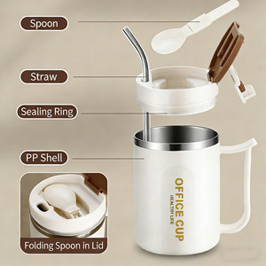 แก้วสแตนเลส 304 สำหรับสำนักงาน ใส่กาแฟ น้ำ ชา พร้อมฝาและหูจับ - Product Image 4