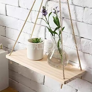 Yu Feifan Solid Wood Wall Mounted Floating <b>Shelf</b> Natural Color Rectangle Rope Hanging Storage <b>Rack</b> For Living Room - Product Image 4