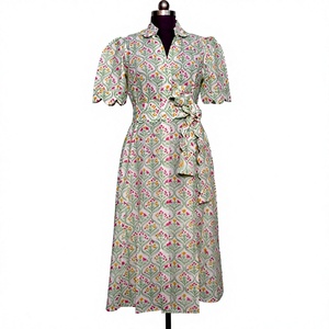 Floral Printed Cotton Midi Shirt Dress With <b>Wrap</b> Tie And Cap Sleeves For Daily Wear Spring Casual Style - Product Image 1