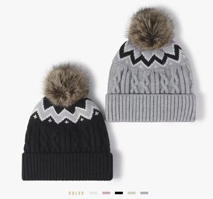 Autumn Winter New Splicing Pom Pom Women Outdoor Warm Knitted <b>Hat</b> Fashion Thickened Fleece Lining Beanie <b>Hat</b> - Product Image 1