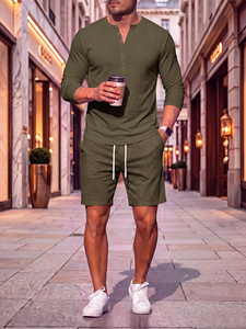 Vêtement pour hommes de style européen et américain, printemps et automne, haut à manches longues multi-boutons, décontracté, couleur unie, avec cordon de serrage - Product Image 2