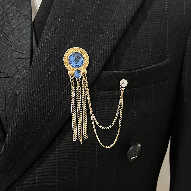 Fashion Men Garment Decorations Diamond Brooch Jewelry Gold Silver Tassel  Fringe Crystal Rhinestones Suit blazer Chain Brooches