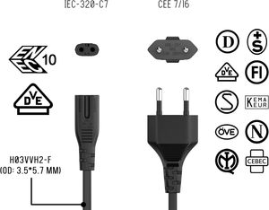 Câble d'alimentation Europlug noir qui est disponible en plusieurs longueurs et est souvent utilisé pour les appareils qui nécessitent moins d'énergie. - Product Image 6