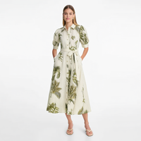 Robe midi pour femme personnalisée, vert ivoire, à rayures et imprimé botanique, col chemise, manches bouffantes, boutonnée sur le devant, taille nouée, coupe trapèze, vente en gros