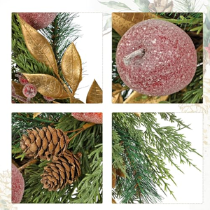 Guirlande de Noël artificielle scintillante avec baies rouges, feuilles dorées et aiguilles de pin pour porte d'entrée - Product Image 4