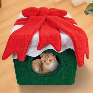 Caja de regalo navideña, cama para gatos cuadrada, de fibra de poliéster suave, lavable a mano, casa para mascotas, para el calor del invierno. - Product Image 3