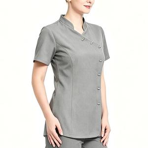 Haut d'uniforme pour femme à col montant et patte de boutonnage diagonale, manches courtes, style chinois, coupe ajustée, pour esthéticienne, SPA et bien-être - Product Image 5
