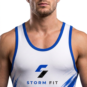 Combinaison de lutte Storm Fit pour homme, ajustée, compressive, une pièce, bleu et blanc, impression par sublimation, évacuation de l'humidité, respirante - Product Image 4