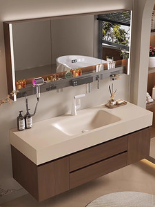 New light luxury style <b>walnut</b> slate hot-bent integrated basin bathroom cabinet combination washbasin cabinet - Product Image 6