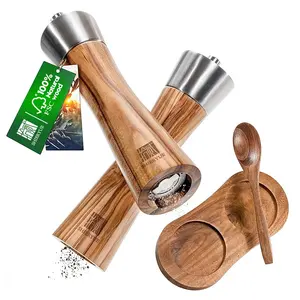 Moulins à épices en bois d'acacia et en acier inoxydable personnalisés Moulin à sel et à poivre en bois avec soucoupe et cuillère
