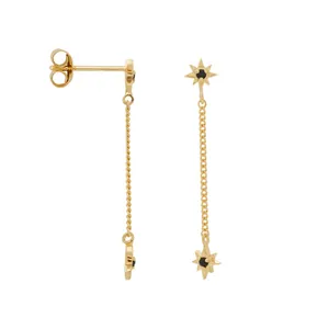 Statement black zircon gold plated silver chain star drop stud earring