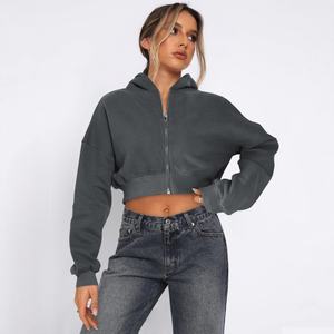 Sudadera con Capucha Holgada de Forro Polar para Mujer, Estilo Corto, Moda Urbana Europea y Americana, Manga Regular, Color Sólido, Otoño-Invierno - Product Image 4