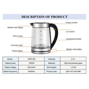 Electrodomésticos, Hervidor de Agua de Vidrio de 1.7L con Filtro para Té, 1800W, Control de Temperatura, Inalámbrico, Uso en Hoteles, Luz Indicadora Azul - Product Image 2