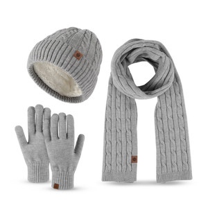 Vente en gros, ensemble de trois pièces en laine tricotée, de couleur unie, en <span class=keywords><strong>cachemire</strong></span> doux, <span class=keywords><strong>bonnet</strong></span>, écharpe et <span class=keywords><strong>gants</strong></span> pour <span class=keywords><strong>femme</strong></span> et homme - Product Image 1