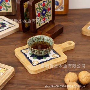 Posavasos de Madera y Cerámica con Asas, Aislantes del Calor, Forma Rectangular, Diseño Floral, Manteles Individuales de Madera Maciza para Mesa de Comedor - Product Image 2