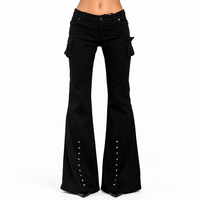 Celana Jeans Wanita Y2K Model High-Waist Hitam Denim Skinny Flare dengan Rivet Segitiga Metalik, Seksi Gothic untuk Musim Panas