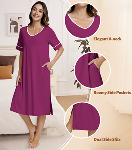 Liquidación de camisones: Pijama de mujer con cuello en V, manga corta, color liso, largo hasta la rodilla, de algodón suave, ropa de dormir. - Product Image 6