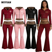 Ensemble de vêtements de détente pour femmes à imprimé léopard, 2 pièces, avec veste à capuche et pantalon contrastés, coton et élasthanne, automne, noir, logo personnalisé