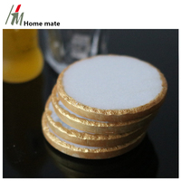 Ensemble de 1 dessous-de-verre rond en marbre blanc de 10 cm de diamètre avec bords dorés