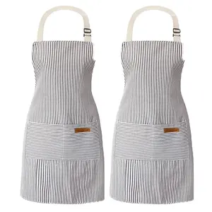 Cangnan Chef Kitchen Black Stripe Pinafore Apron For Restaurant Server Adjustable Buckle Strap ,Cotton And Linen Work Apron