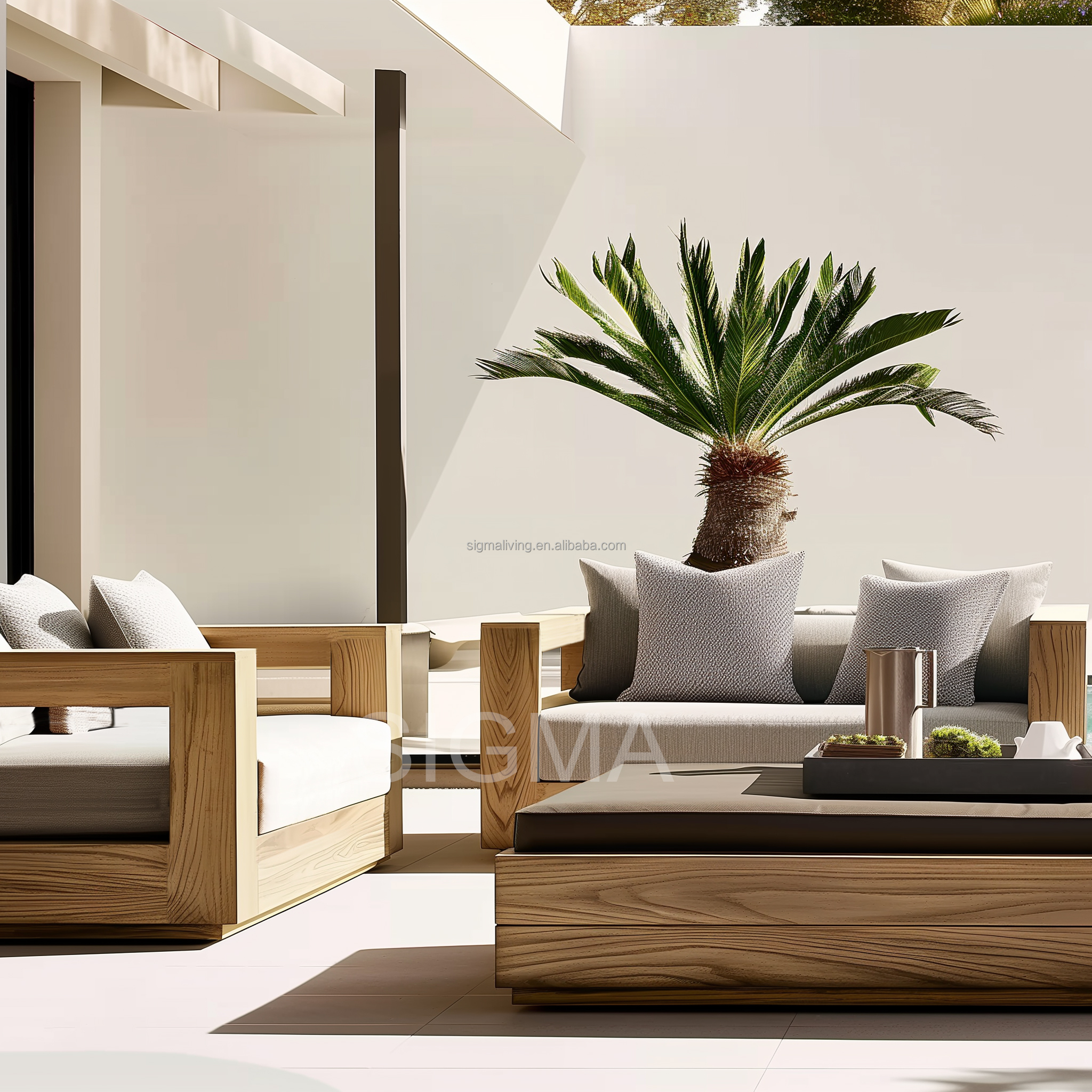 Sigma Luxury Outdoor Hotel Villa Garden Sofa Backyard Wooden Furniture Solid Teak Wood Sofa Sets