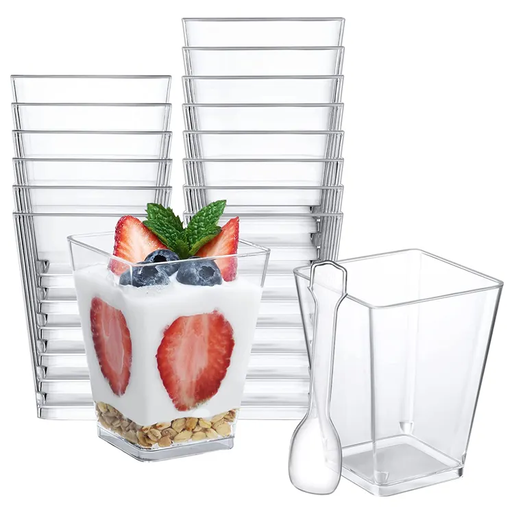 5oz Plastic Dessert Cups 50 Pack Small Clear Square Parfait Cups with Spoons Mini Plastic Tumbler Serving Cups