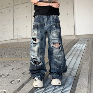 Jeans Rotos de Marca Original de Moda para Hombre, Estilo Veraniego, Holgados, Casuales, de Cintura Media, Lavados, Talla Grande, Corte Recto, Pierna Ancha - Product Image 2