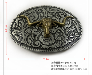 Hebilla <span class=keywords><strong>de</strong></span> cinturón vaquera unisex con cabeza <span class=keywords><strong>de</strong></span> toro Longhorn plateada, <span class=keywords><strong>de</strong></span> bronce envejecido, ovalada, floral y con filigrana grabada - Product Image 2