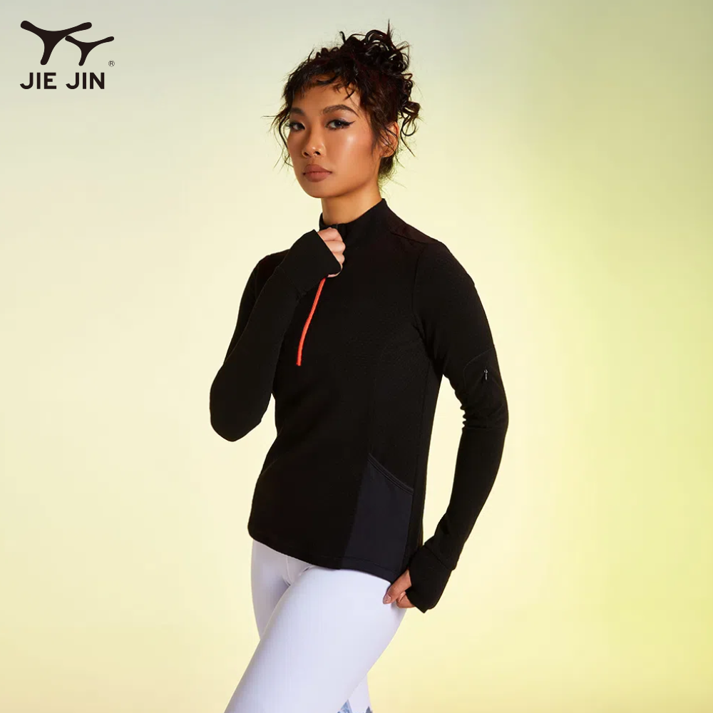 JIEJIN High Quality Blank 100% Polyester Woman Gym Yoga Tops Long Sleeve Tight Workout Shirt