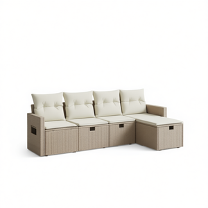 Beige Garden Sofa <b>Set</b> 4 Seater Outdoor <b>Wicker</b> <b>Furniture</b> With Storage Contemporary Design - Product Image 1